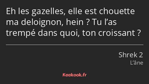 Eh les gazelles, elle est chouette ma deloignon, hein ? Tu l’as trempé dans quoi, ton croissant ?