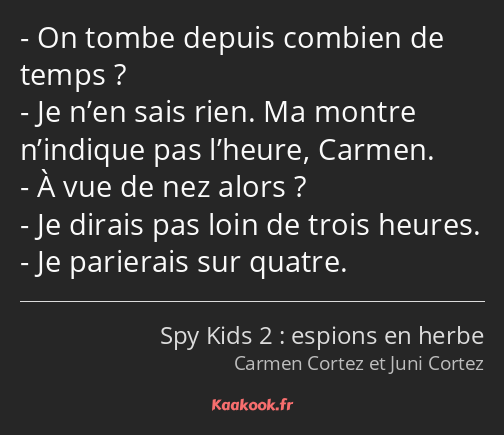 On tombe depuis combien de temps ? Je n’en sais rien. Ma montre n’indique pas l’heure, Carmen. À…