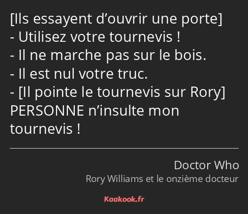  Utilisez votre tournevis ! Il ne marche pas sur le bois. Il est nul votre truc. PERSONNE n’insulte…