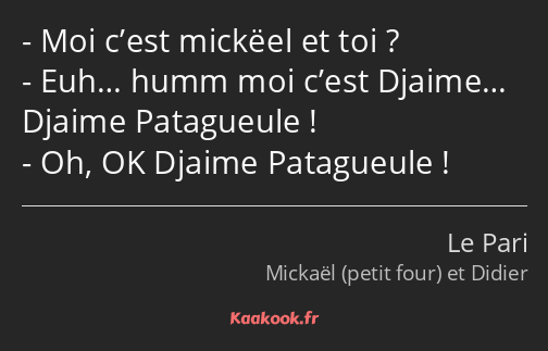 Moi c’est mickëel et toi ? Euh… humm moi c’est Djaime… Djaime Patagueule ! Oh, OK Djaime Patagueule…