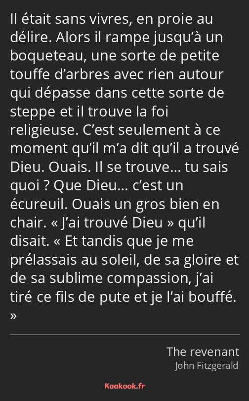 Il était sans vivres, en proie au délire. Alors il rampe jusqu’à un boqueteau, une sorte de petite…