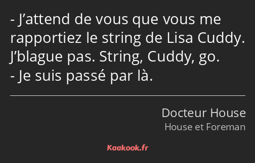 J’attend de vous que vous me rapportiez le string de Lisa Cuddy. J’blague pas. String, Cuddy, go…
