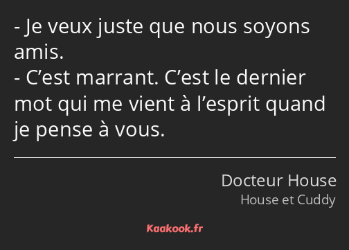 Je veux juste que nous soyons amis. C’est marrant. C’est le dernier mot qui me vient à l’esprit…