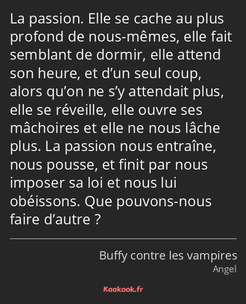 La passion. Elle se cache au plus profond de nous-mêmes, elle fait semblant de dormir, elle attend…