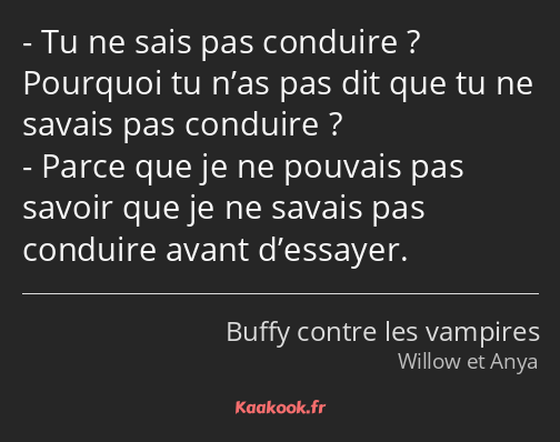 Tu ne sais pas conduire ? Pourquoi tu n’as pas dit que tu ne savais pas conduire ? Parce que je ne…