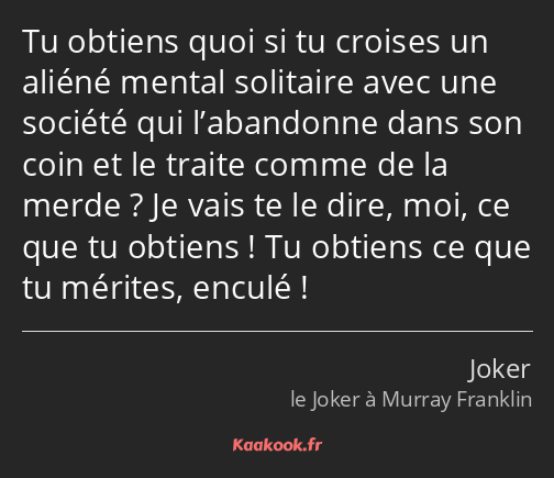 Tu obtiens quoi si tu croises un aliéné mental solitaire avec une société qui l’abandonne dans son…