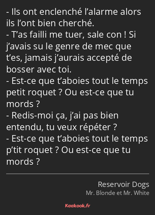 Ils ont enclenché l’alarme alors ils l’ont bien cherché. T’as failli me tuer, sale con ! Si j’avais…