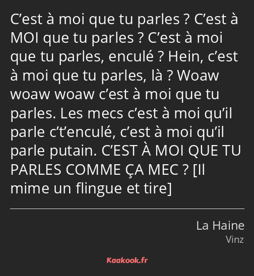 C’est à moi que tu parles ? C’est à MOI que tu parles ? C’est à moi que tu parles, enculé ? Hein…