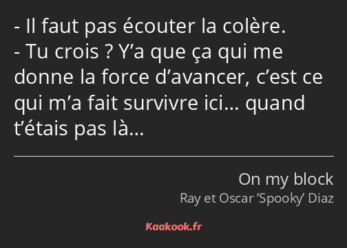 Il faut pas écouter la colère. Tu crois ? Y’a que ça qui me donne la force d’avancer, c’est ce qui…