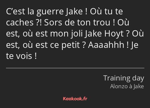 C’est la guerre Jake ! Où tu te caches ?! Sors de ton trou ! Où est, où est mon joli Jake Hoyt ? Où…