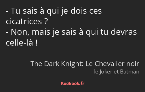 Tu sais à qui je dois ces cicatrices ? Non, mais je sais à qui tu devras celle-là !