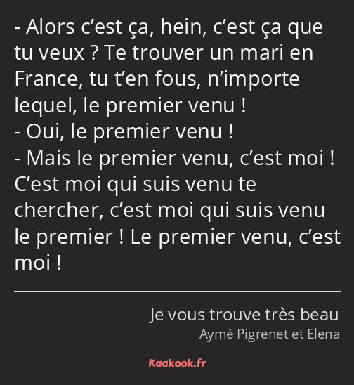 Alors c’est ça, hein, c’est ça que tu veux ? Te trouver un mari en France, tu t’en fous, n’importe…