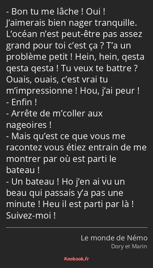 Bon tu me lâche ! Oui ! J’aimerais bien nager tranquille. L’océan n’est peut-être pas assez grand…