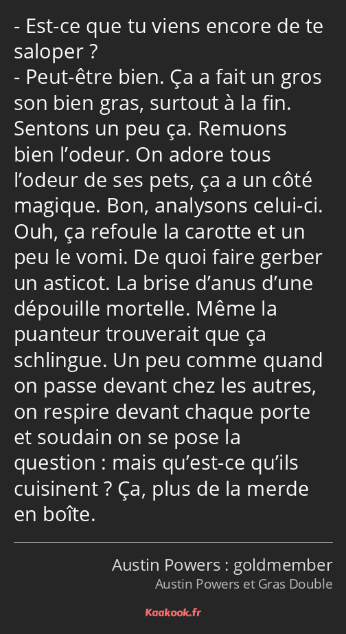 Est-ce que tu viens encore de te saloper ? Peut-être bien. Ça a fait un gros son bien gras, surtout…