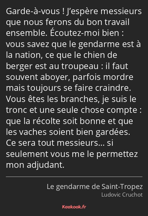 Garde-à-vous ! J’espère messieurs que nous ferons du bon travail ensemble. Écoutez-moi bien : vous…