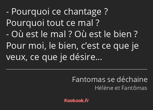 Pourquoi ce chantage ? Pourquoi tout ce mal ? Où est le mal ? Où est le bien ? Pour moi, le bien…