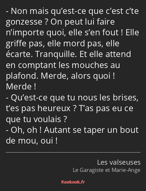 Non mais qu’est-ce que c’est c’te gonzesse ? On peut lui faire n’importe quoi, elle s’en fout…