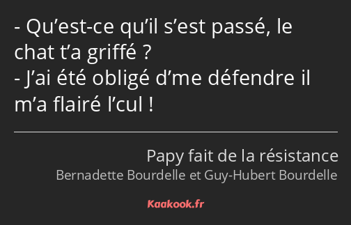 Qu’est-ce qu’il s’est passé, le chat t’a griffé ? J’ai été obligé d’me défendre il m’a flairé l’cul…