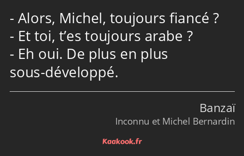 Alors, Michel, toujours fiancé ? Et toi, t’es toujours arabe ? Eh oui. De plus en plus sous…