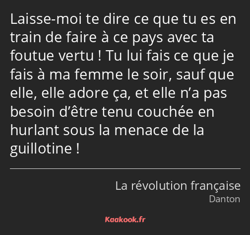 Laisse-moi te dire ce que tu es en train de faire à ce pays avec ta foutue vertu ! Tu lui fais ce…