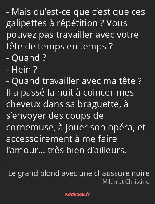 Mais qu’est-ce que c’est que ces galipettes à répétition ? Vous pouvez pas travailler avec votre…