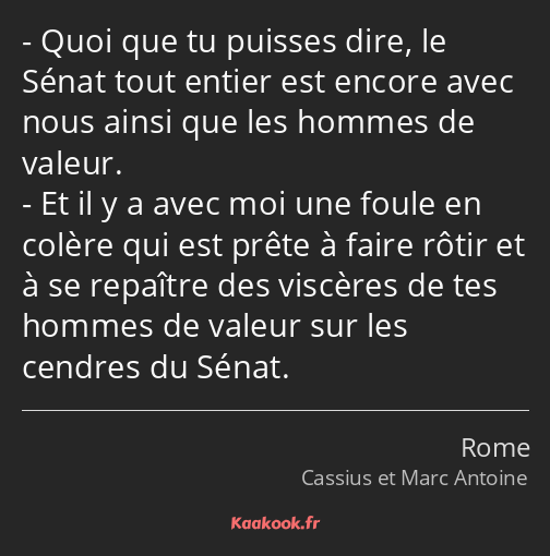 Quoi que tu puisses dire, le Sénat tout entier est encore avec nous ainsi que les hommes de valeur…