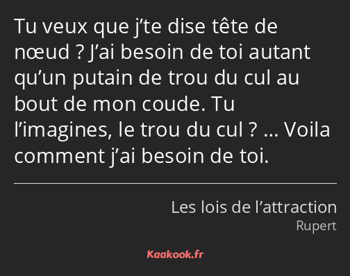 Tu veux que j’te dise tête de nœud ? J’ai besoin de toi autant qu’un putain de trou du cul au bout…