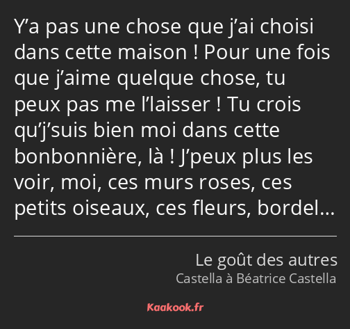 Y’a pas une chose que j’ai choisi dans cette maison ! Pour une fois que j’aime quelque chose, tu…