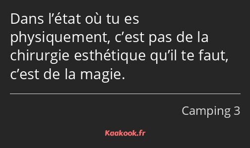 Dans l’état où tu es physiquement, c’est pas de la chirurgie esthétique qu’il te faut, c’est de la…