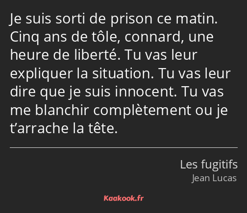 Je suis sorti de prison ce matin. Cinq ans de tôle, connard, une heure de liberté. Tu vas leur…