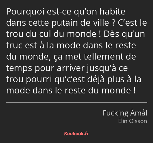 Pourquoi est-ce qu’on habite dans cette putain de ville ? C’est le trou du cul du monde ! Dès qu’un…