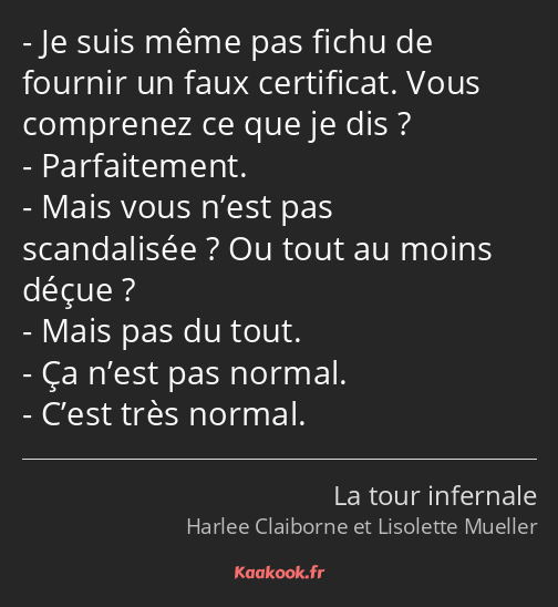 Je suis même pas fichu de fournir un faux certificat. Vous comprenez ce que je dis ? Parfaitement…