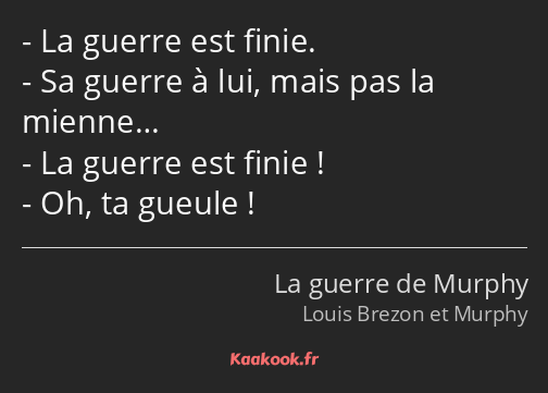 La guerre est finie. Sa guerre à lui, mais pas la mienne… La guerre est finie ! Oh, ta gueule !