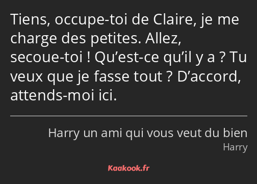 Tiens, occupe-toi de Claire, je me charge des petites. Allez, secoue-toi ! Qu’est-ce qu’il y a ? Tu…