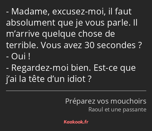 Madame, excusez-moi, il faut absolument que je vous parle. Il m’arrive quelque chose de terrible…