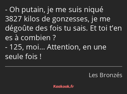 Oh putain, je me suis niqué 3827 kilos de gonzesses, je me dégoûte des fois tu sais. Et toi t’en es…