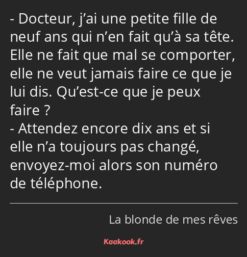 Docteur, j’ai une petite fille de neuf ans qui n’en fait qu’à sa tête. Elle ne fait que mal se…