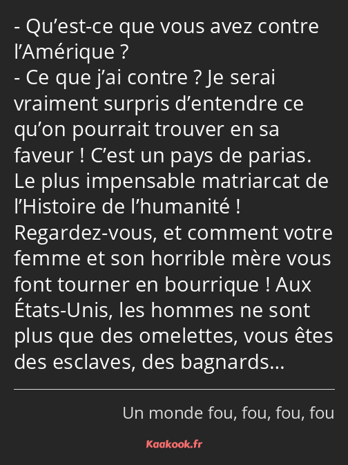 Qu’est-ce que vous avez contre l’Amérique ? Ce que j’ai contre ? Je serai vraiment surpris…