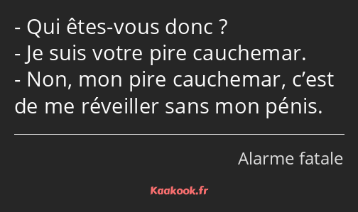 Qui êtes-vous donc ? Je suis votre pire cauchemar. Non, mon pire cauchemar, c’est de me réveiller…