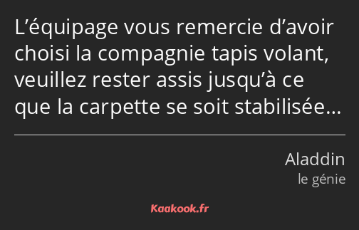 L’équipage vous remercie d’avoir choisi la compagnie tapis volant, veuillez rester assis jusqu’à ce…