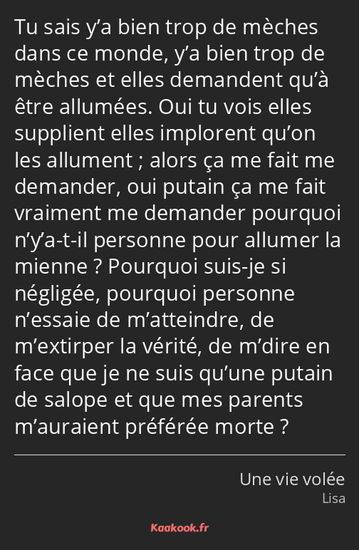 Tu sais y’a bien trop de mèches dans ce monde, y’a bien trop de mèches et elles demandent qu’à être…