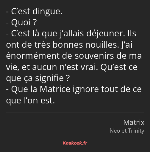 C’est dingue. Quoi ? C’est là que j’allais déjeuner. Ils ont de très bonnes nouilles. J’ai…