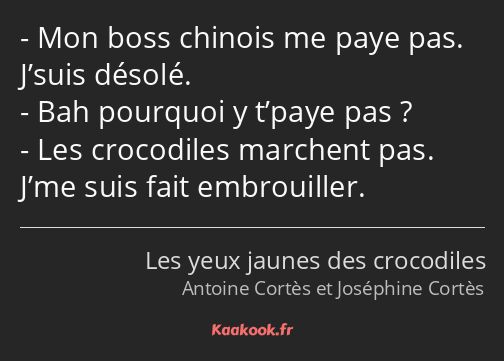 Mon boss chinois me paye pas. J’suis désolé. Bah pourquoi y t’paye pas ? Les crocodiles marchent…