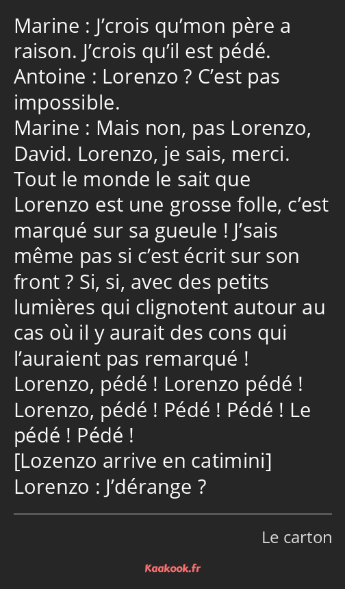 J’crois qu’mon père a raison. J’crois qu’il est pédé. Lorenzo ? C’est pas impossible. Mais non, pas…