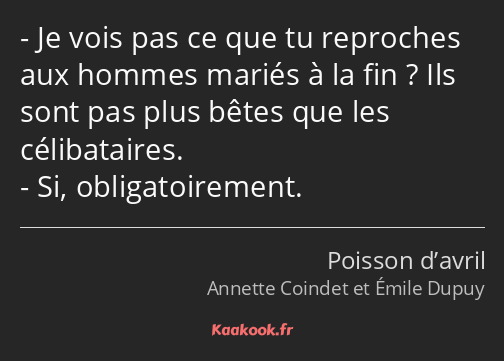 Je vois pas ce que tu reproches aux hommes mariés à la fin ? Ils sont pas plus bêtes que les…