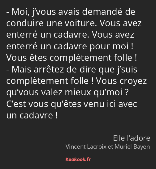 Moi, j’vous avais demandé de conduire une voiture. Vous avez enterré un cadavre. Vous avez enterré…