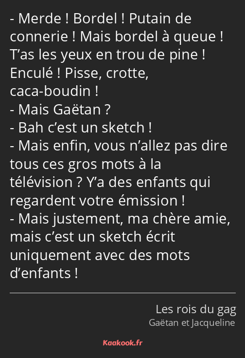 Merde ! Bordel ! Putain de connerie ! Mais bordel à queue ! T’as les yeux en trou de pine ! Enculé…