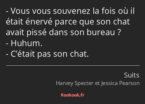 Vous vous souvenez la fois où il était énervé parce que son chat avait pissé dans son bureau…