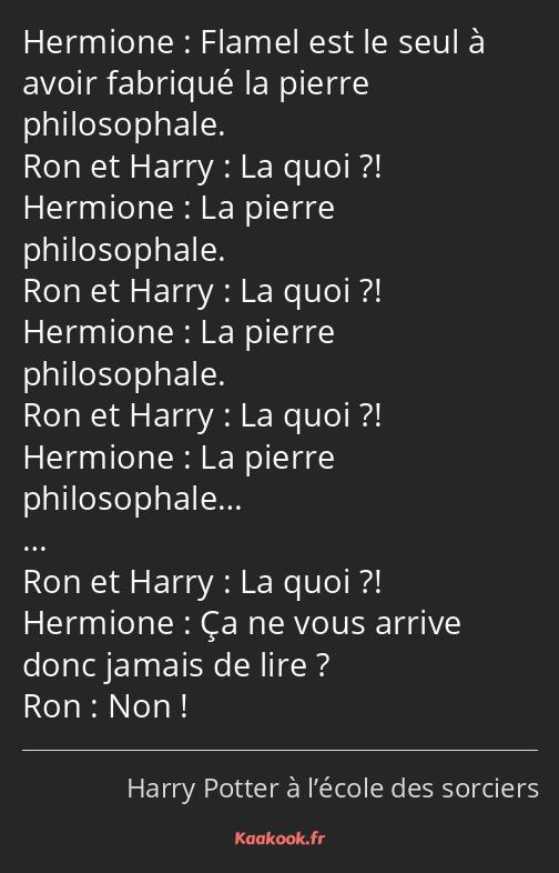 Flamel est le seul à avoir fabriqué la pierre philosophale. La quoi ?! La pierre philosophale. La…