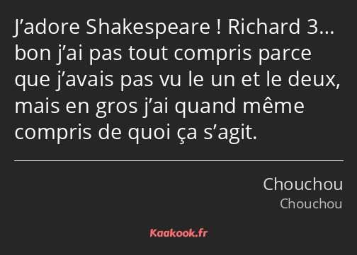 J’adore Shakespeare ! Richard 3… bon j’ai pas tout compris parce que j’avais pas vu le un et le…